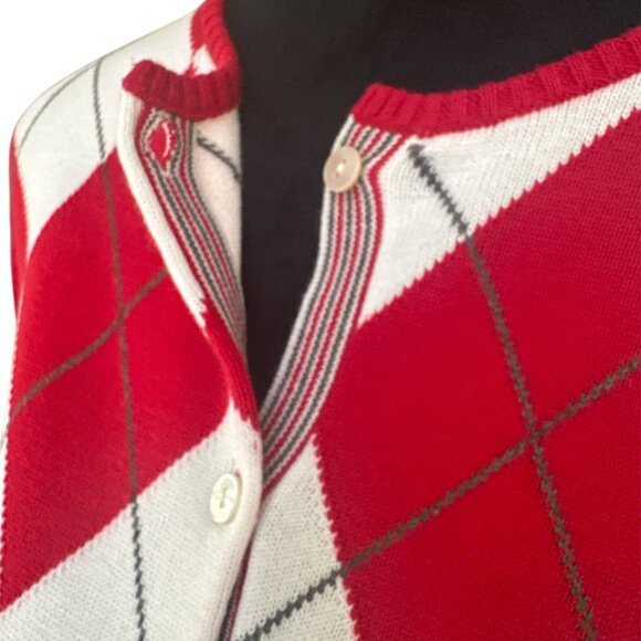 Lands' End Red & White Argyle Button Long Sleeve Cardigan Medium - Picture 4 of 5